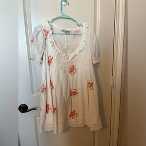 White and orange embroidered babydoll scoop neck dress